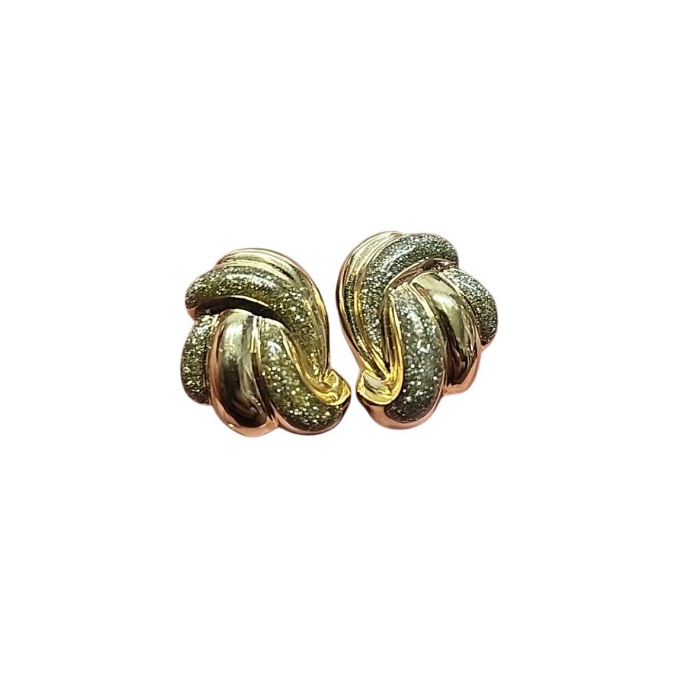 Vintage Avon 1987 Glitter Swirl Pierced Earrings Gold Tone Gold & Silver Glitter
